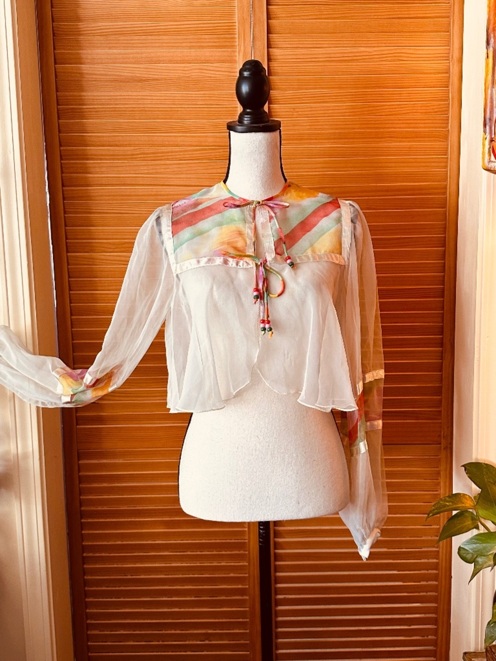 1970s Sheer Cropped Jacket: Bohemian Abstract Print Blouse